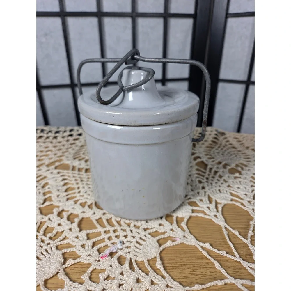 Vintage Wisconsin Homestead Stoneware Crock with Lid and Wire Bail Handle